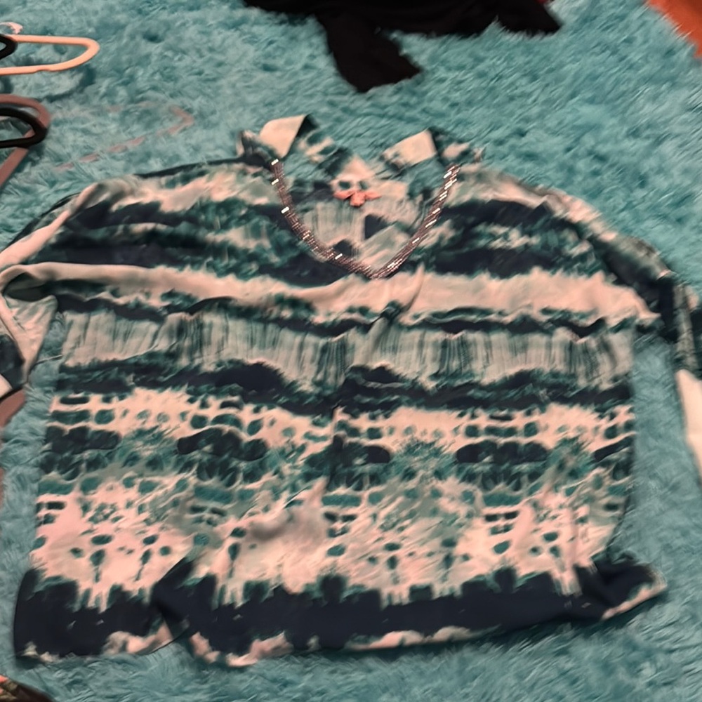 Juicy Couture Blue Graphic 3/4 Sleeve Button Down Shirt